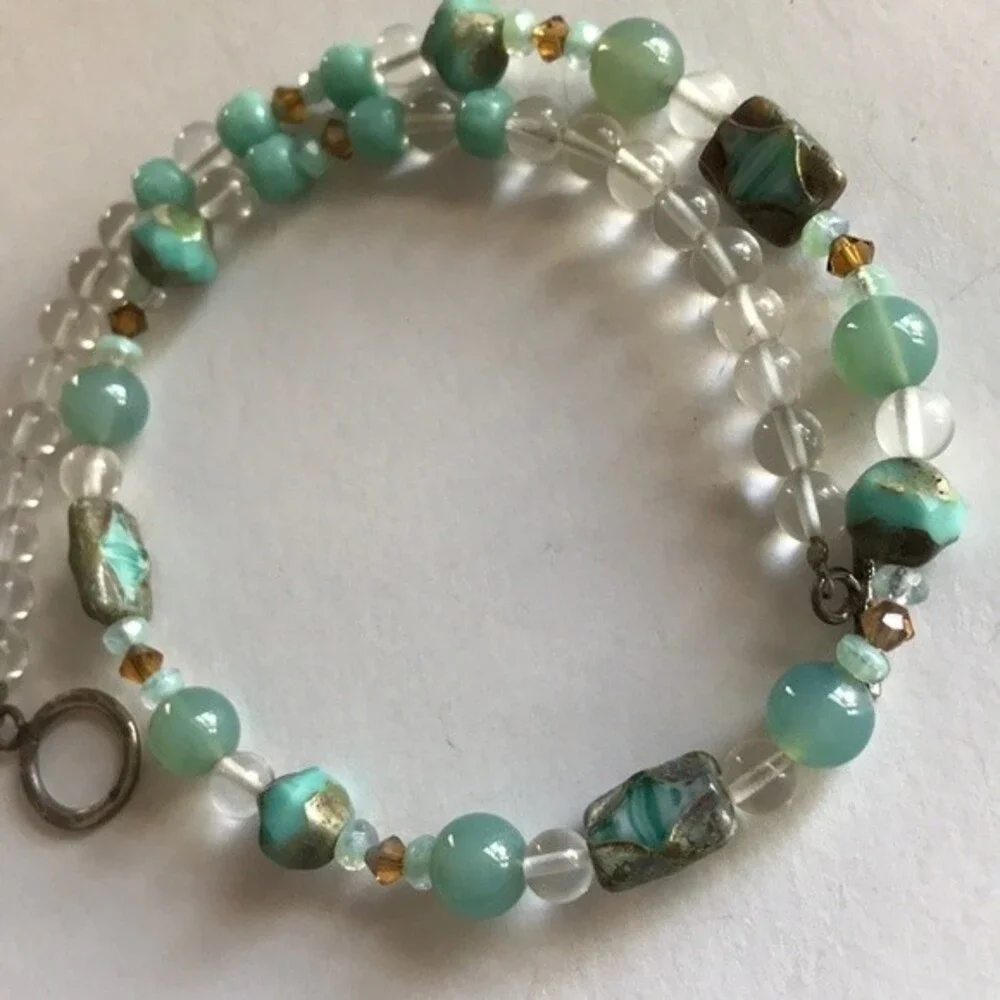 Vintage Handmade Teal Amazonite Rock Crystal Beads Swarovski Sterling Necklace